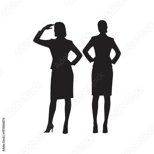 Two Professional Business Women Silhouette Icons Standing in Confident Power Posing Style. 