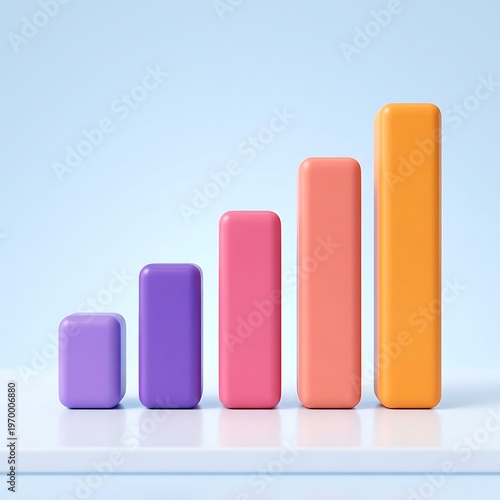 Colorful 3D bar chart with ascending bars in purple pink orange hues on white surface and light blue background  business data visualization