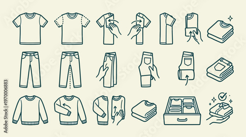 Clothes Folding Steps Line Art Illustration for T-shirts, Pants, and Sweaters