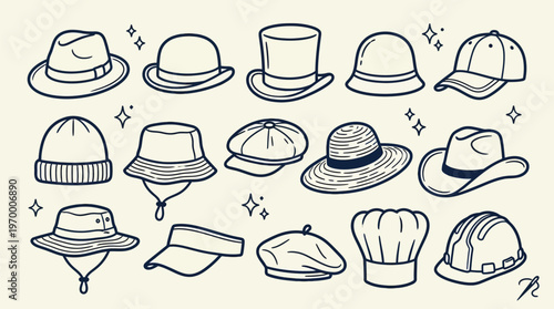 Hat Collection Doodle Illustration, Various Headwear Styles