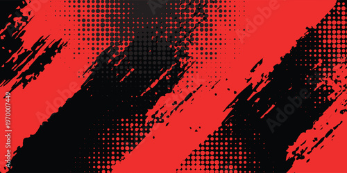 Black and Red Grunge Brush Background with Halftone Effect