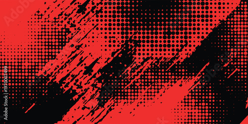 Black and Red Grunge Brush Background with Halftone Effect