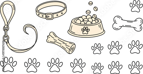Pet accessories set with leash collar bowl bone paw prints illustration
