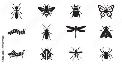 Insect icon set. Collection of black insect silhouettes against a white background silhouette. Vector Illustration. EPS 10