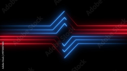 Dynamic red and blue neon light trails forming a geometric on a dark background futuristic technology animation for digital marketing and virtual reality