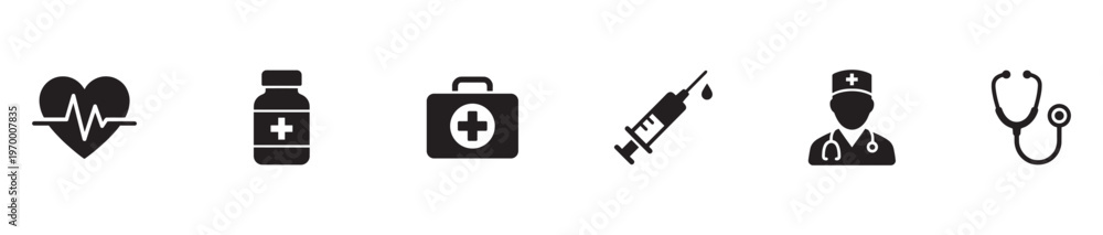 Fototapeta premium Healthcare and medical services black glyph icons set. Vector Illustration. EPS 10