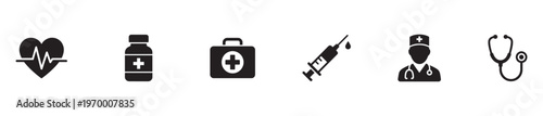 Healthcare and medical services black glyph icons set. Vector Illustration. EPS 10
