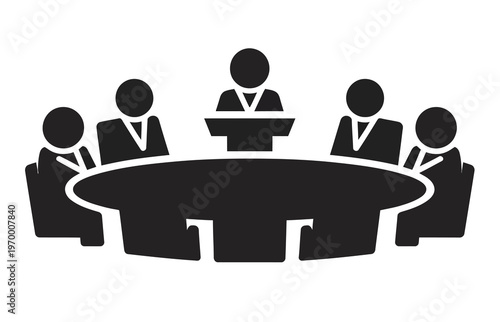 Group of people seated around a circular table, vector graphic silhouette, teamwork and collaboration concept, minimal flat design, business meeting and discussion illustration for presentations, 