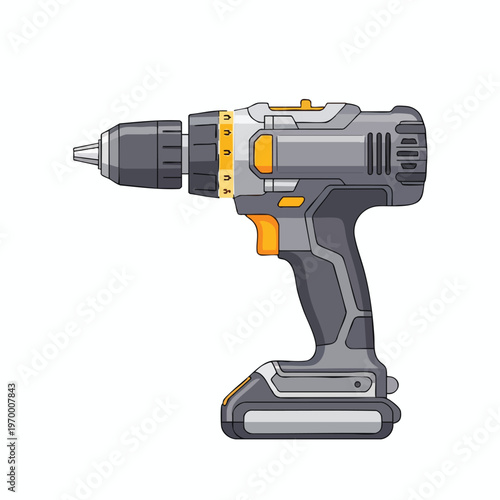 Gray cordless drill with yellow accents and a black chuck, on white