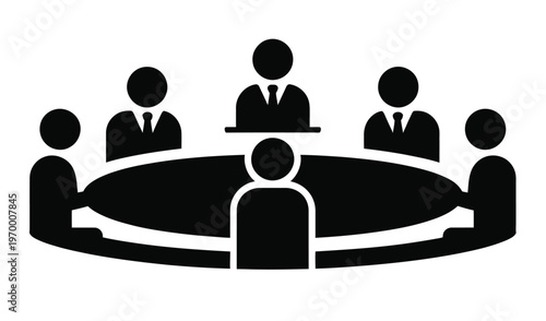 Group of people seated around a circular table, simple vector silhouette, representing collaboration, brainstorming, and group discussions, suitable for business, education, and professional design