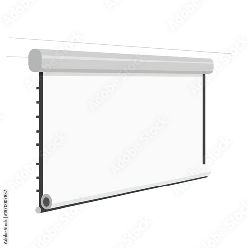 Retractable projector screen hanging from a ceiling, ready for use