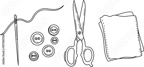 Sewing tools set with needle thread buttons scissors fabric illustration