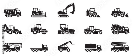 Set of construction machines. Construction transport icons. Collection of black construction vehicle icons including excavators bulldozers cranes and dump trucks isolated on white background. Vector I