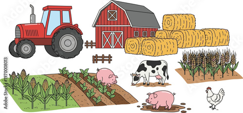 Farm agriculture scene with tractor barn animals crops rural illustration