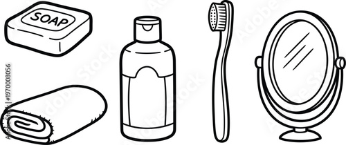 Personal hygiene set with soap bottle toothbrush towel mirror illustration