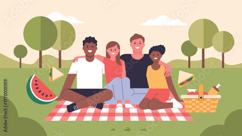 A diverse group of friends enjoying a picnic in a park with food