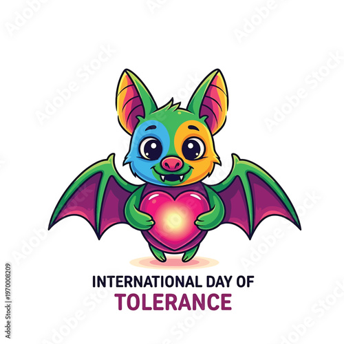 Cute colorful bat holding a heart for International Day of Tolerance