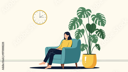 Peaceful scene of a woman sitting in a blue armchair in a modern living room with a large potted plant and a clock on the wall.