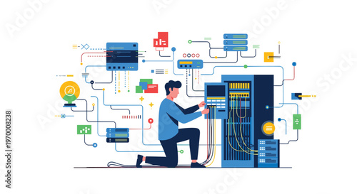 A male technician kneels while connecting colorful cables into a server rack amidst a complex network diagram on a white background.
