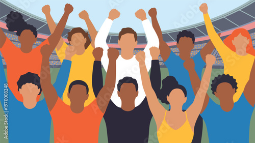 A diverse crowd cheering with raised fists in the stadium audience