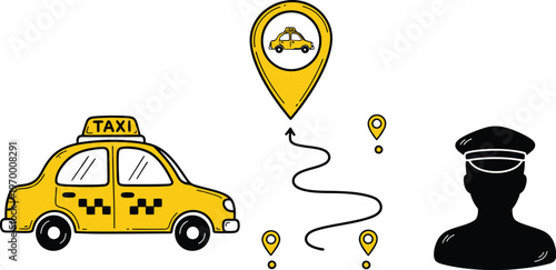 Taxi service concept with car location pins driver silhouette illustration
