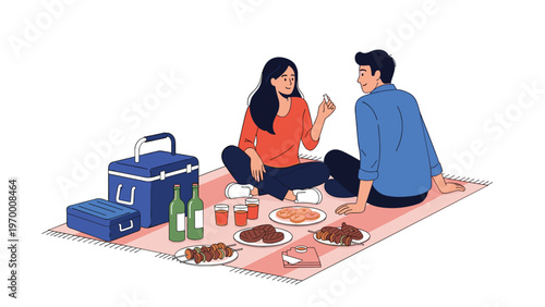 Romantic outdoor picnic scene featuring a young couple sitting on a blanket surrounded by various foods, drinks, and a cooler box.