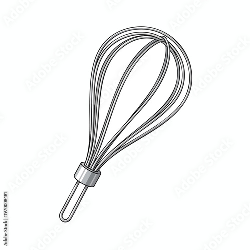 A silver wire whisk with a loop handle is depicted against a white background