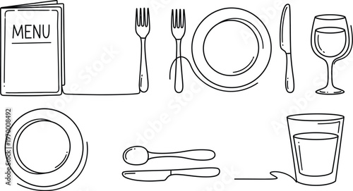 Continuous Line Art Illustration of Essential Dining Tableware and Restaurant Menu Concept
