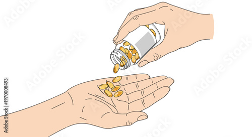 One hand pours golden, oval pills from a clear bottle into the open palm of another hand on a white background.