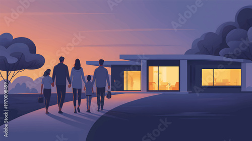 Family walks towards a modern house at sunset with warm interior lights, walking home