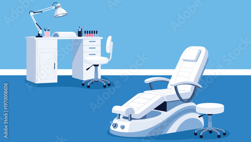 Modern interior design of a professional beauty salon featuring a specialized pedicure chair and a manicure workstation area.