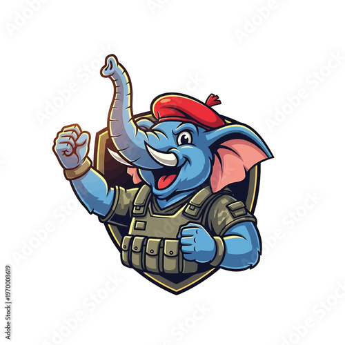 Purple Army Elephant Mascot in Tactical Vest and Red Beret
