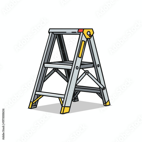 A metallic A-frame stepladder with yellow accents on a white background