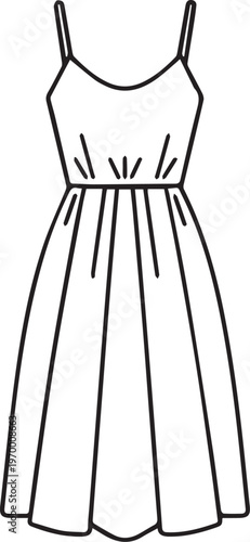 A minimalist line drawing showcasing a chic summer dress, featuring delicate spaghetti straps and a flattering silhouette.