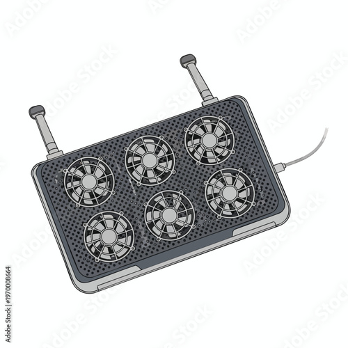 Black six-fan cooling pad with adjustable height stands and USB cable