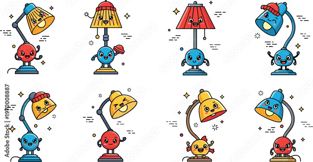 Fototapeta premium Cute cartoon desk lamp characters set with funny expressions colorful lighting mascots vector illustration isolated on white background