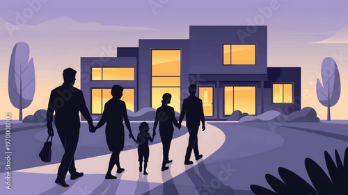 Family silhouettes walking towards a modern house at dusk, home design