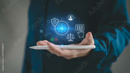AI governance and human in the loop ethical control concept person holding stylus digital glowing brain scale shield padlock icon artificial intelligence regulation compliance