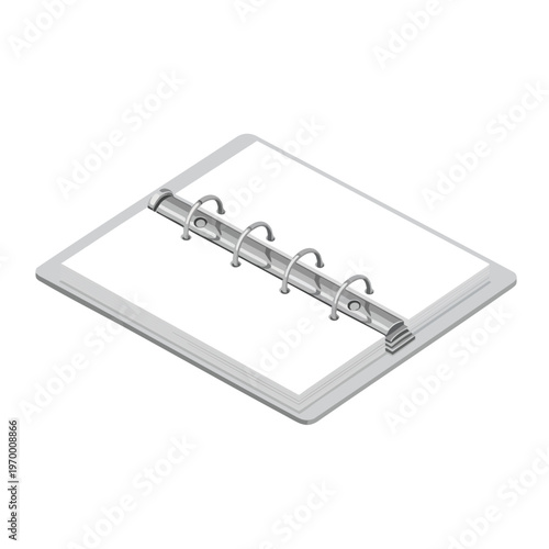 Open binder with blank white pages and metal rings on a clean white background