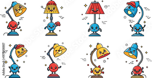 Cute cartoon desk lamp characters set with funny expressions colorful lighting mascots vector illustration isolated on white background