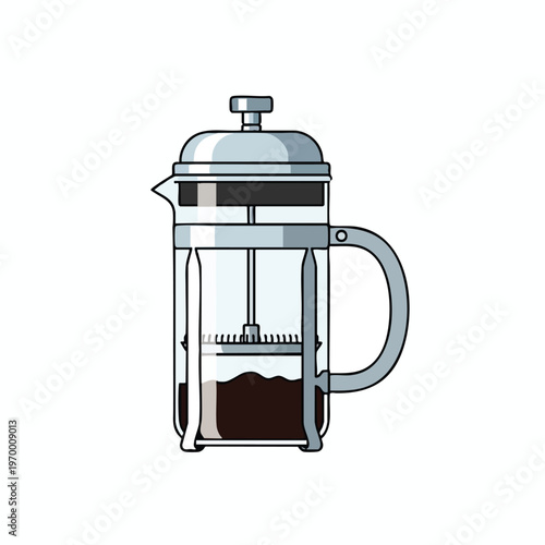 Glass French press with dark coffee and plunger, white background