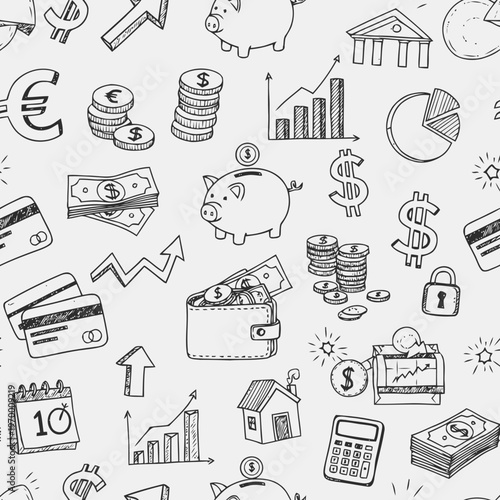 Financial Planning and Savings Concept - Seamless Pattern of Money and Banking Icons