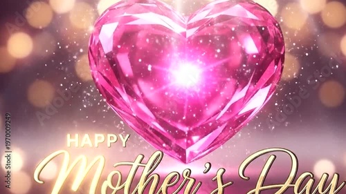 Happy mothers day greeting card with pink heart and sparkles