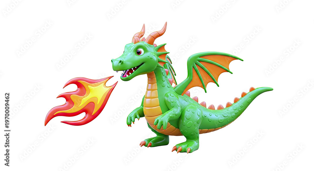 Fototapeta premium Cartoon Green Dragon Breathing Fire