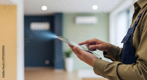Smart Home HVAC Technician Using Digital Tablet for Remote Climate Control and Energy Management in Modern Interior Office
