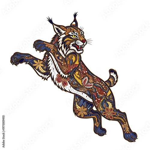 Leatherwork Cat in Dynamic Jump Pose with Ornate Floral Pattern