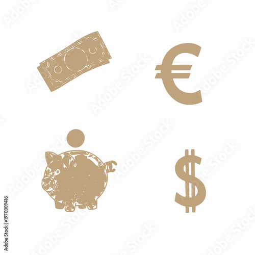 Textured grunge financial icons set, including a stack of banknotes, Euro and Dollar currency symbols, and a traditional piggy bank, representing economic growth and saving goals