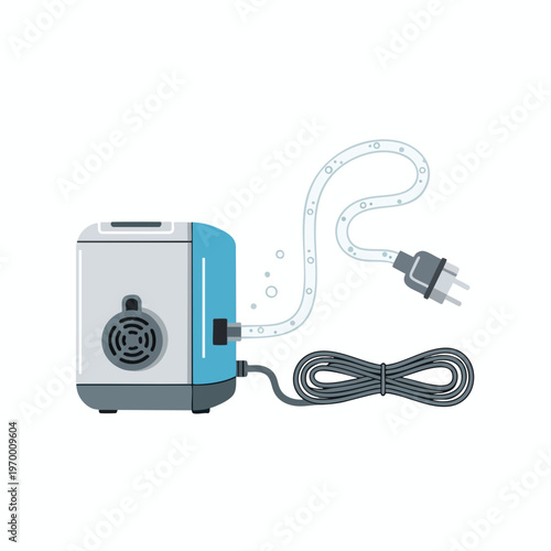 A small, blue and grey device with a coiled cord, flexible tube, and power plug