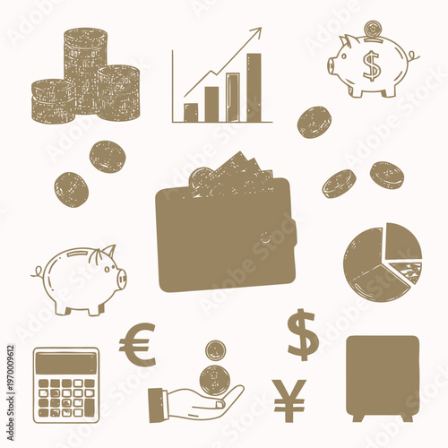 Distressed Hand-Drawn Financial Icons Collection Economic Growth, Savings, Investment, and Business Accounting Concepts with Grunge Texture