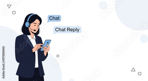 Customer service agent with headset texting on smartphone, chat bubbles